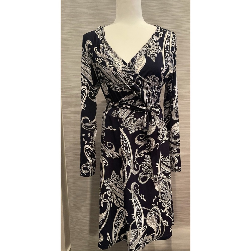 Navy Paisley Faux Wrap Dress